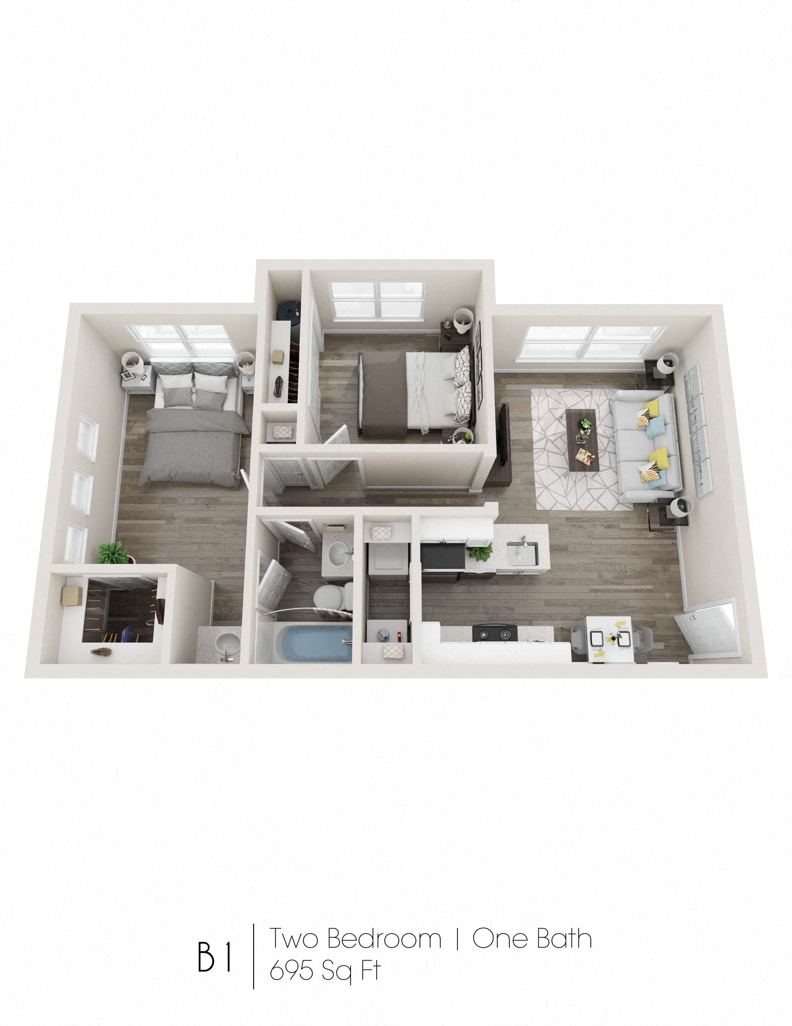 3D floor plan B1 Two Bedroom One Bath 695 SF